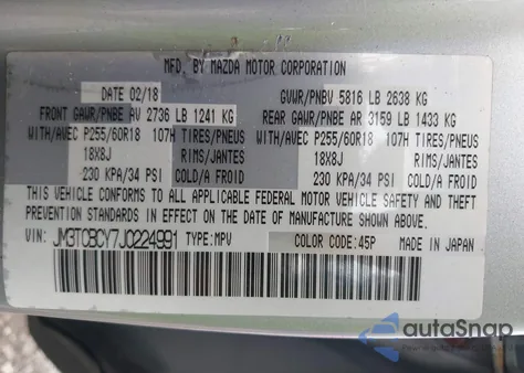 2018 Mazda Cx-9 Touring z USA, uszkodzony, nr VIN JM3TCBCY7J0224991